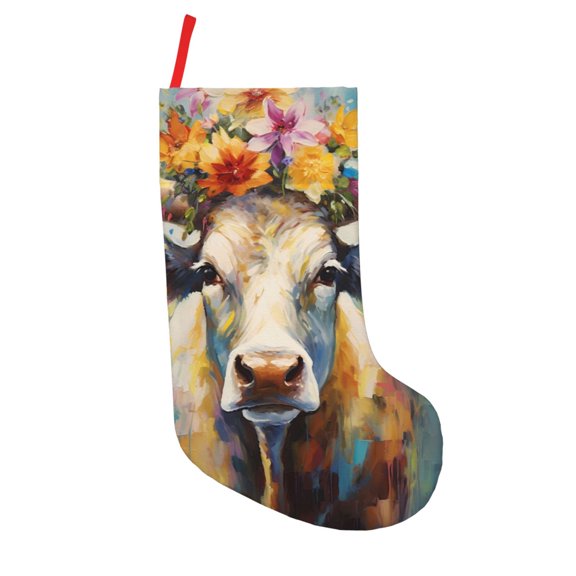 Defioc Oil Painting Flower Cow for Christmas Stockings 18" Personalized Holiday Stocking for Family, Farmhouse Decor, Xmas Tree Decoration, 1 Pack