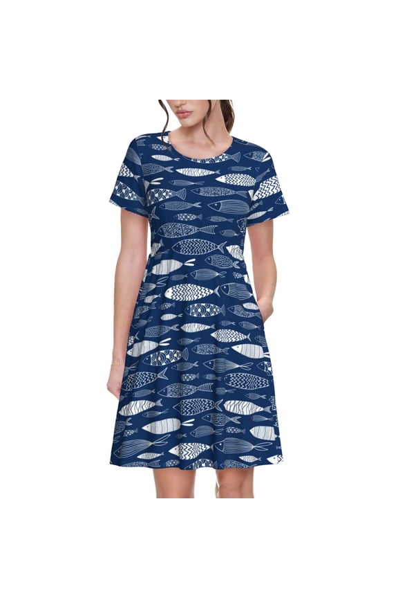 Ornamental Fish Pattern Womens Summer Dresses Short Sleeve Sundress 2025 Beach Vacation Dresses with Pockets -3X-Large