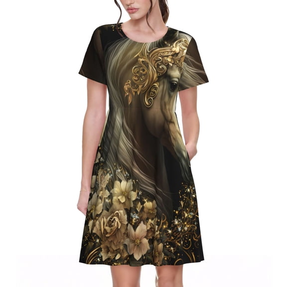 Defioc Palatial Gold Pattern Horse Pattern Womens Summer Dresses Short Sleeve Sundress 2025 Beach Vacation Dresses with Pockets -Medium