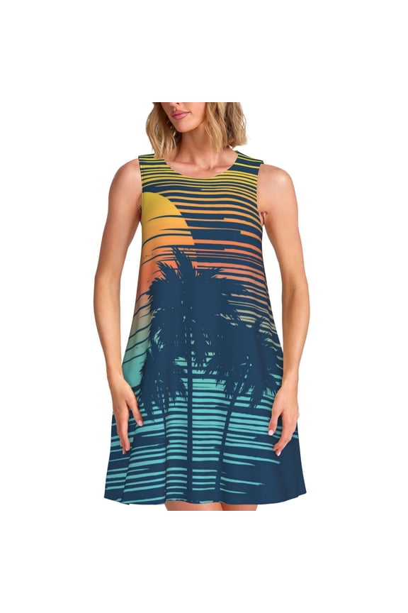 Palm Trees Pattern Women's Summer Dresses 2025 Beach Casual Sleeveless Tank Loose Sundress Beach Vacation Clothes with Pocket -X-Large