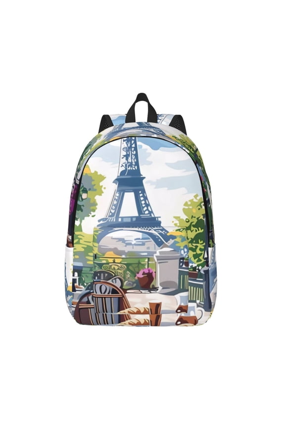 Parisian Cafe With Eiffel for Canvas Backpack,Travel Rucksack Unisex Knapsack Laptop Backpack for Work & College -Medium