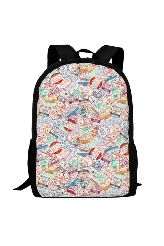 Passport Stamp Pattern Carry on Backpack,16.5x12.5x5.5 Personal Item Bag Carry On Backpack Water Resistant Lightweight Daypack
