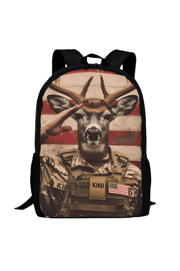 Patriotic Deer Soldier Salute Pattern Carry on Backpack,16.5x12.5x5.5 Personal Item Bag Carry On Backpack Water Resistant Lightweight Daypack