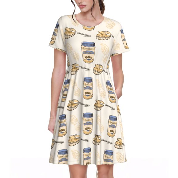 Defioc Peanuts Pattern Womens Summer Dresses Short Sleeve Sundress 2025 Beach Vacation Dresses with Pockets -Medium