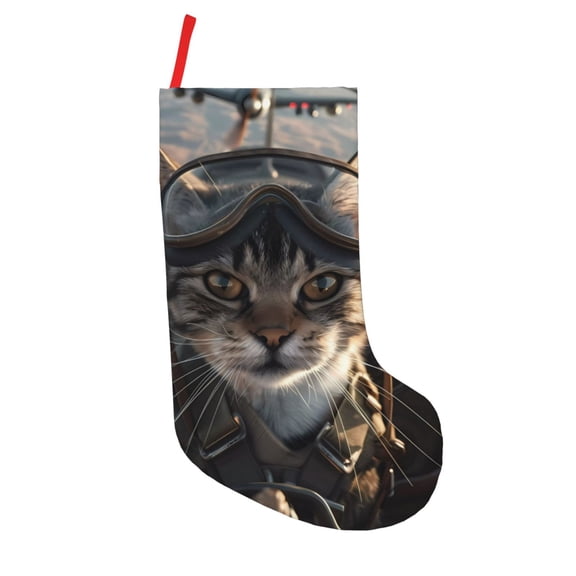 Defioc Pilot Cat In Vintage Plane for Christmas Stockings 18" Personalized Holiday Stocking for Family, Farmhouse Decor, Xmas Tree Decoration, 1 Pack
