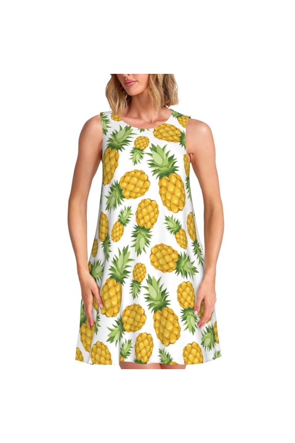 Pineapple Pattern Women's Summer Dresses 2025 Beach Casual Sleeveless Tank Loose Sundress Beach Vacation Clothes with Pocket -Medium