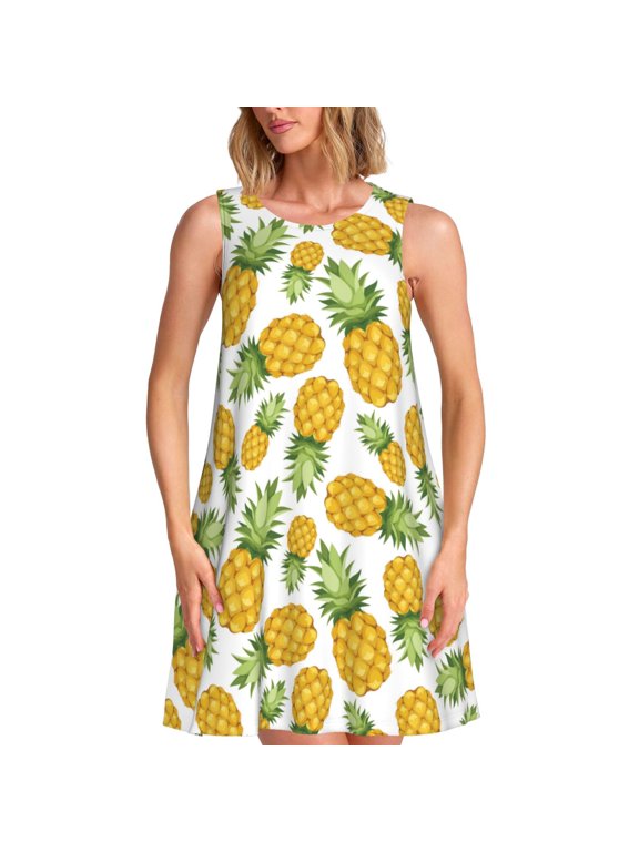 Pineapple Pattern Women's Summer Dresses 2025 Beach Casual Sleeveless Tank Loose Sundress Beach Vacation Clothes with Pocket -Medium