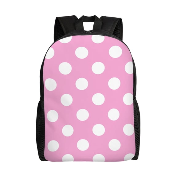 Defioc Pink And White Polka Dot Print Backpack -Travel,or Work Bookbag Daypacks with 15-Inch Laptop Sleeve and Dual Water Bottle Pockets