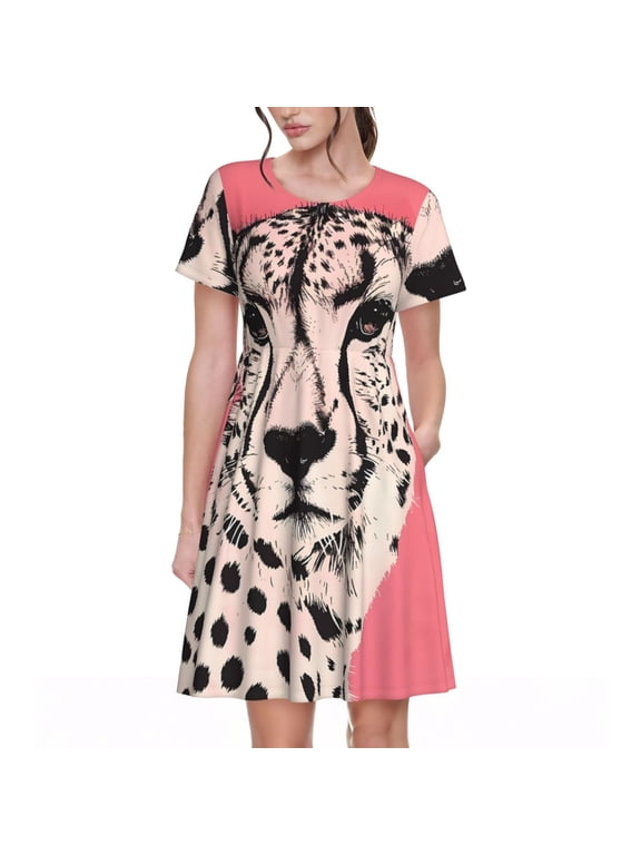 Pink Cheetah Art Pattern Womens Summer Dresses Short Sleeve Sundress 2025 Beach Vacation Dresses with Pockets -Large
