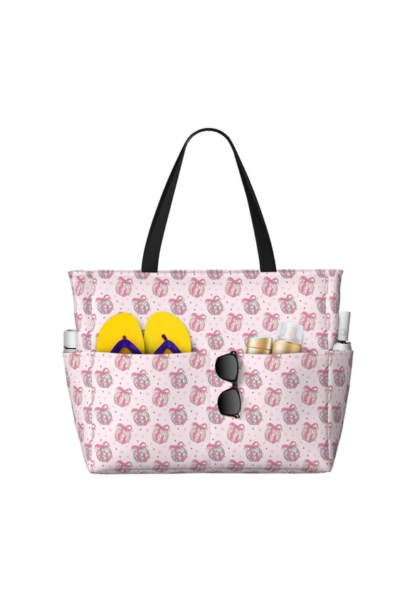 Pink Disco Ball Pattern Beach Bag for Women - Large Beach Tote Bag Waterproof Sandproof Swim Pool Bag Everyday Bag Handbags with Zipper