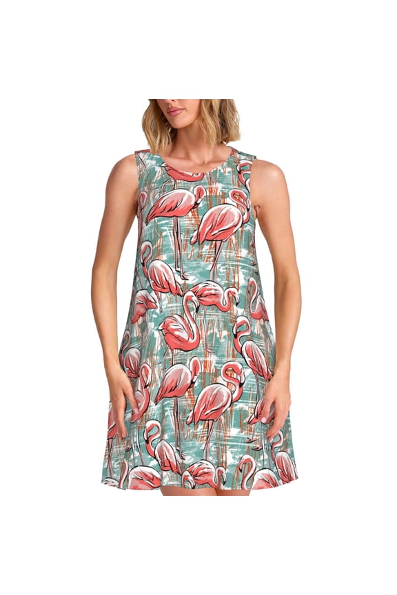 Pink Flamingo Pattern Women's Summer Dresses 2025 Beach Casual Sleeveless Tank Loose Sundress Beach Vacation Clothes with Pocket -Large
