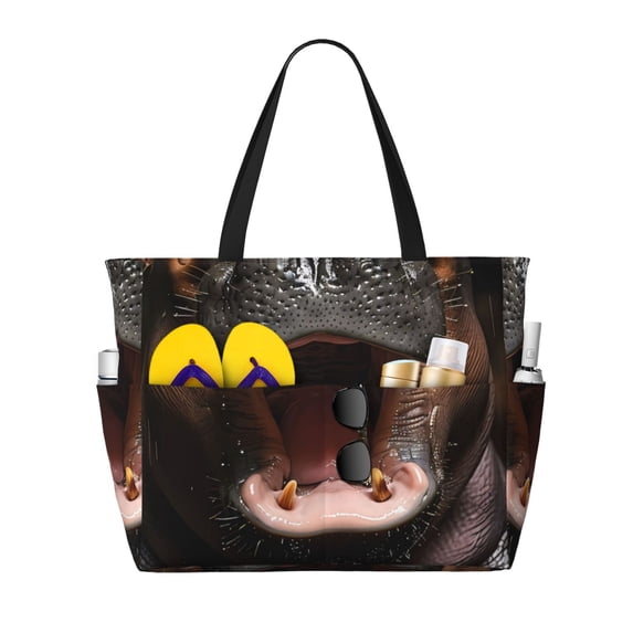 Defioc Playful Baby Hippo Splash Pattern Beach Bag for Women - Large Beach Tote Bag Waterproof Sandproof Swim Pool Bag Everyday Bag Handbags with Zipper