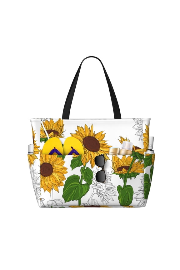 Plump Sunflower And Sketch Pattern Beach Bag for Women - Large Beach Tote Bag Waterproof Sandproof Swim Pool Bag Everyday Bag Handbags with Zipper