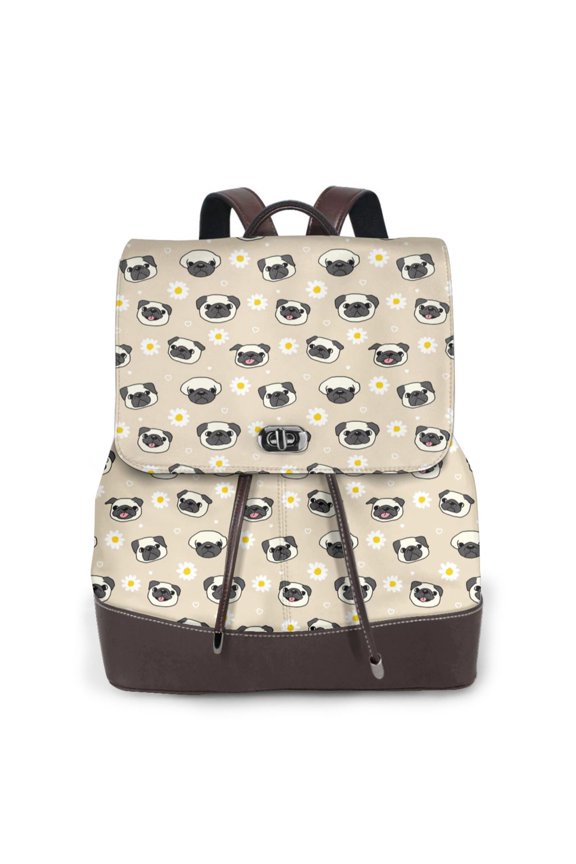 Pug Dog Face Print PU Leather Backpack,Backpack Purse for Women Fashion Multipurpose Design Handbag Ladies Bags Travel Backpack