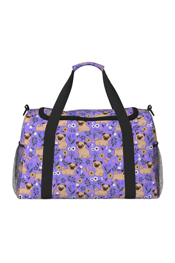Pugs and Flowers Print Hand Travel Bag - Foldable Travel Duffel Bags for Men Women -Sport Gym Bag - Overnight Travel Duffel Bag - Adjustable Shoulder Strap