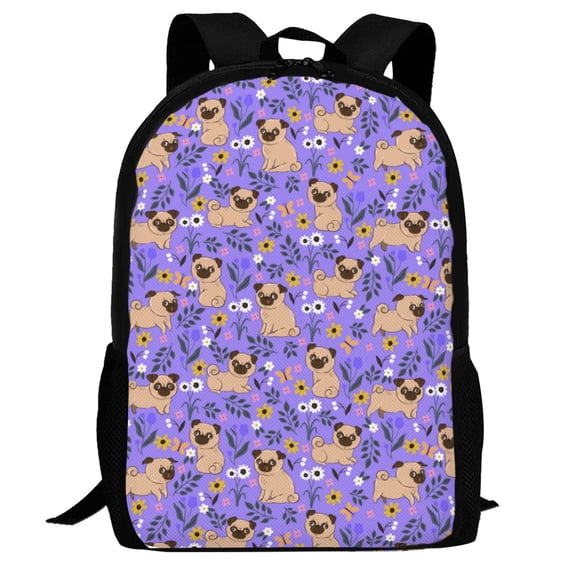 Defioc Pugs and Flowers Pattern Carry on Backpack,16.5x12.5x5.5 Personal Item Bag Carry On Backpack Water Resistant Lightweight Daypack