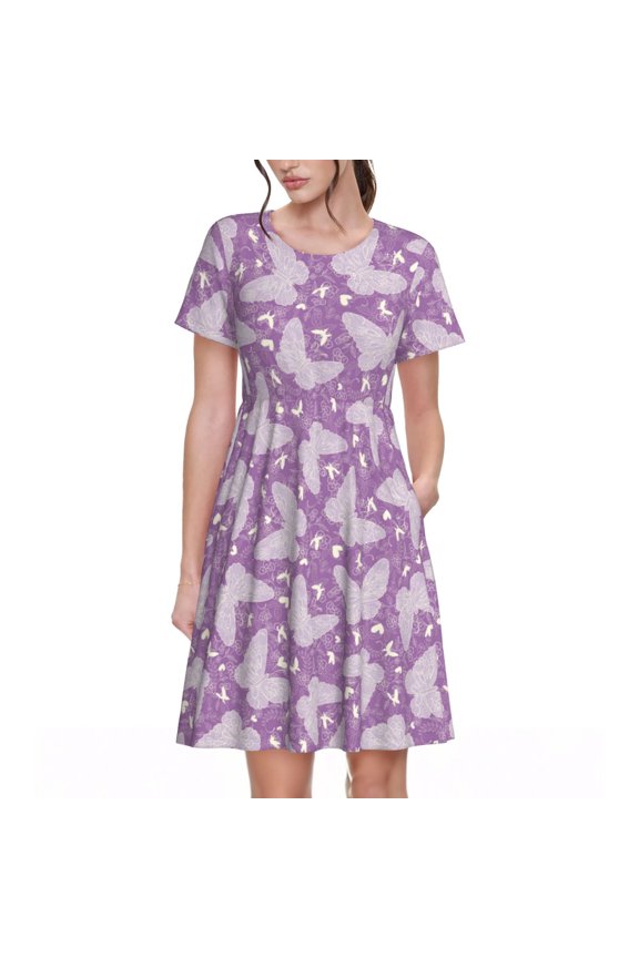Purple Butterflies Floral Pattern Womens Summer Dresses Short Sleeve Sundress 2025 Beach Vacation Dresses with Pockets -XX-Large