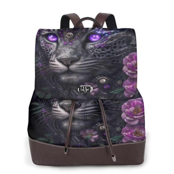Defioc Purple-Eyed Floral Leopard Print PU Leather Backpack,Backpack Purse for Women Fashion Multipurpose Design Handbag Ladies Bags Travel Backpack