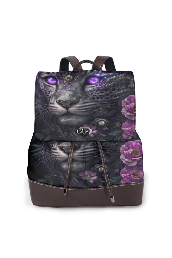 Purple-Eyed Floral Leopard Print PU Leather Backpack,Backpack Purse for Women Fashion Multipurpose Design Handbag Ladies Bags Travel Backpack