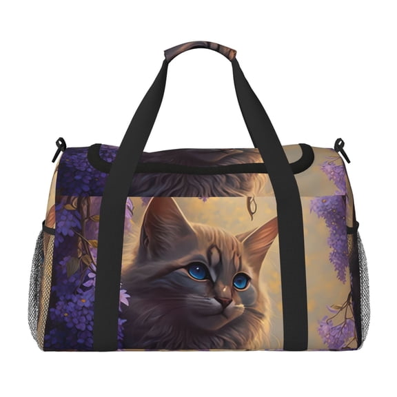 Defioc Purple Flower Lazy Cat Print Hand Travel Bag - Foldable Travel Duffel Bags for Men Women -Sport Gym Bag - Overnight Travel Duffel Bag - Adjustable Shoulder Strap