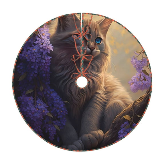 Defioc Purple Flower and Cat for Christmas Tree Skirt Snowman Xmas Tree Skirt Farmhouse Christmas Decorations Tree Mat for Holiday Party Decor-36"