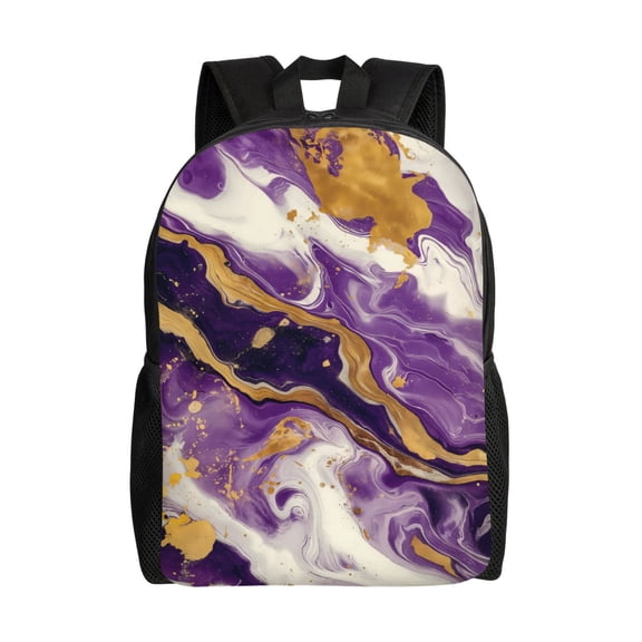 Defioc Purple Gold Marble Swirls Print Backpack -Travel,or Work Bookbag Daypacks with 15-Inch Laptop Sleeve and Dual Water Bottle Pockets
