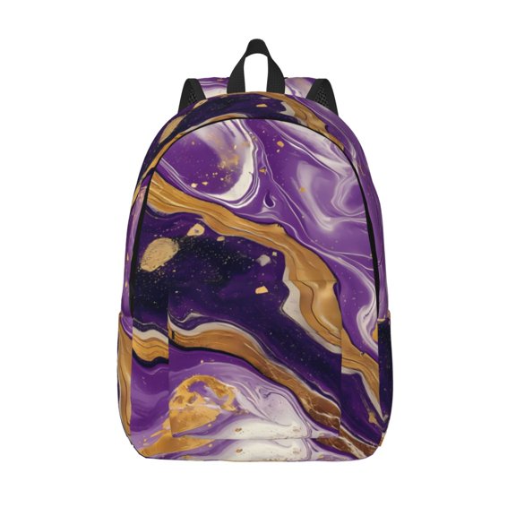 Defioc Purple Gold Marble Swirls for Canvas Backpack,Travel Rucksack Unisex Knapsack Laptop Backpack for Work & College -Small