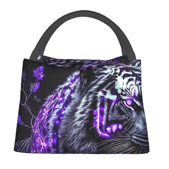 Defioc Purple Plant White Tiger Print Lunch Bag for Women Men,Insulated Lunch Bag Leakproof Cooler Tote Bag Organizer for Work Picnic or Travel