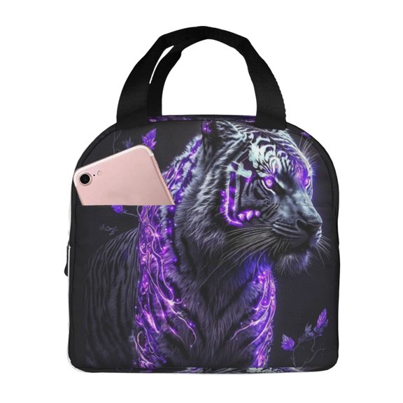 Defioc Purple Plant White Tiger Print Lunch Box,Lunch Bag for Women Men Reusable Insulated Lunch Tote for Work/Office/Picnic/Travel