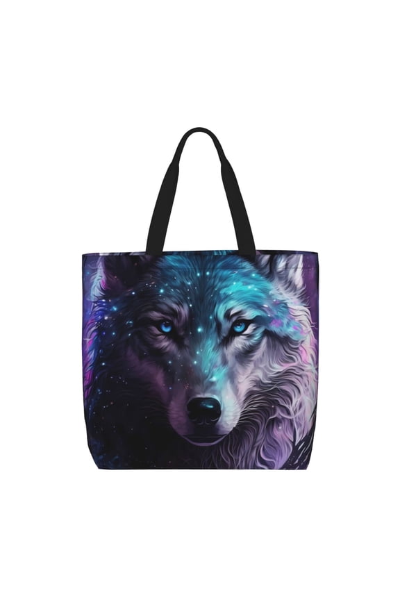 Purple Sky Wolf Pattern Tote Bag for Women,Large Capacity Tote Bag with Zipper Casual Shoulder Handbags Shopping Bag