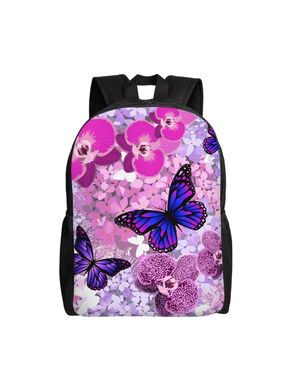Purple Vintage Butterfly Print Backpack -Travel,or Work Bookbag Daypacks with 15-Inch Laptop Sleeve and Dual Water Bottle Pockets
