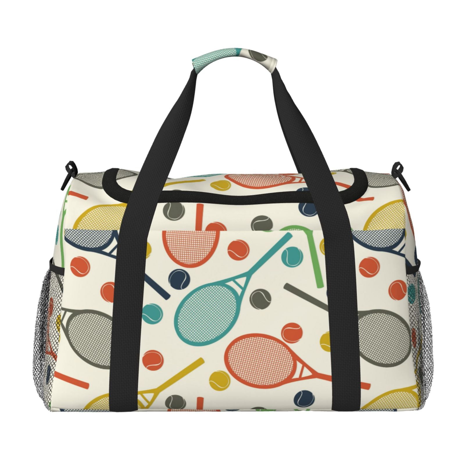 Defioc Racket and Tennis Ball Print Hand Travel Bag - Foldable Travel Duffel Bags for Men Women -Sport Gym Bag - Overnight Travel Duffel Bag - Adjustable Shoulder Strap