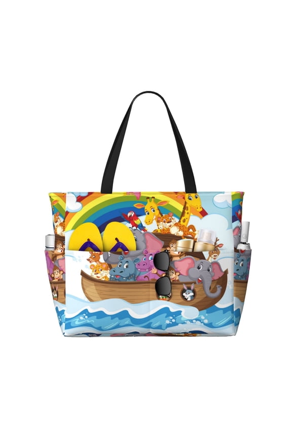 Rainbow Animals on Noah's Ark Pattern Beach Bag for Women - Large Beach Tote Bag Waterproof Sandproof Swim Pool Bag Everyday Bag Handbags with Zipper