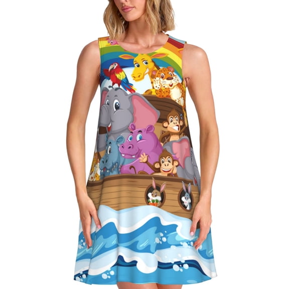 Defioc Rainbow Animals on Noah's Ark Pattern Women's Summer Dresses 2025 Beach Casual Sleeveless Tank Loose Sundress Beach Vacation Clothes with Pocket -3X-Large