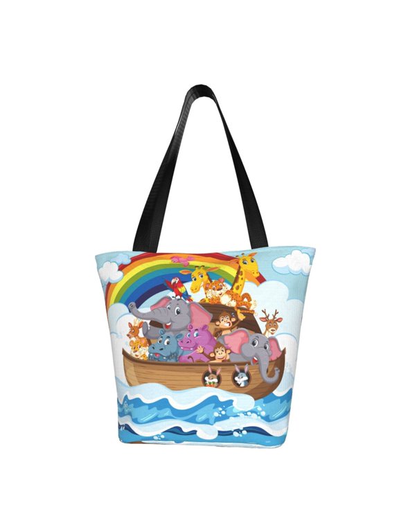 Rainbow Animals on Noah's Ark Print Tote Bag for Women,Shoulder Bag with Zipper Casual Tote's Handbag Big Capacity Shoulder Bag with Inner Pocket Fit for Shopping,Office,Travel