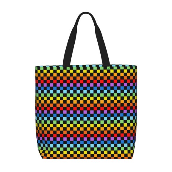 Defioc Rainbow Chequerboard Pattern Tote Bag for Women,Large Capacity Tote Bag with Zipper Casual Shoulder Handbags Shopping Bag