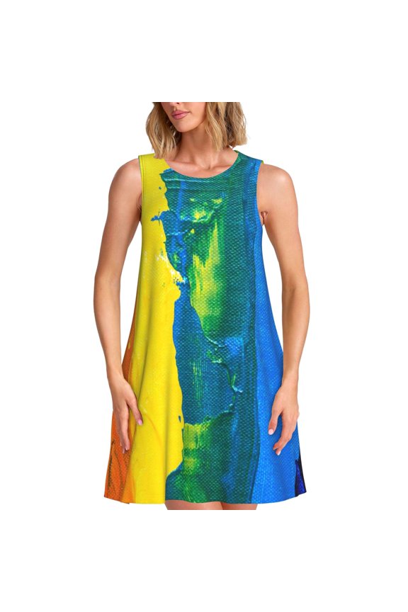 Rainbow Colored Pattern Women's Summer Dresses 2025 Beach Casual Sleeveless Tank Loose Sundress Beach Vacation Clothes with Pocket -XX-Large