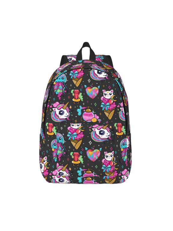 Rainbow Unicorn And Cat Icecream for Canvas Backpack,Travel Rucksack Unisex Knapsack Laptop Backpack for Work & College -Small