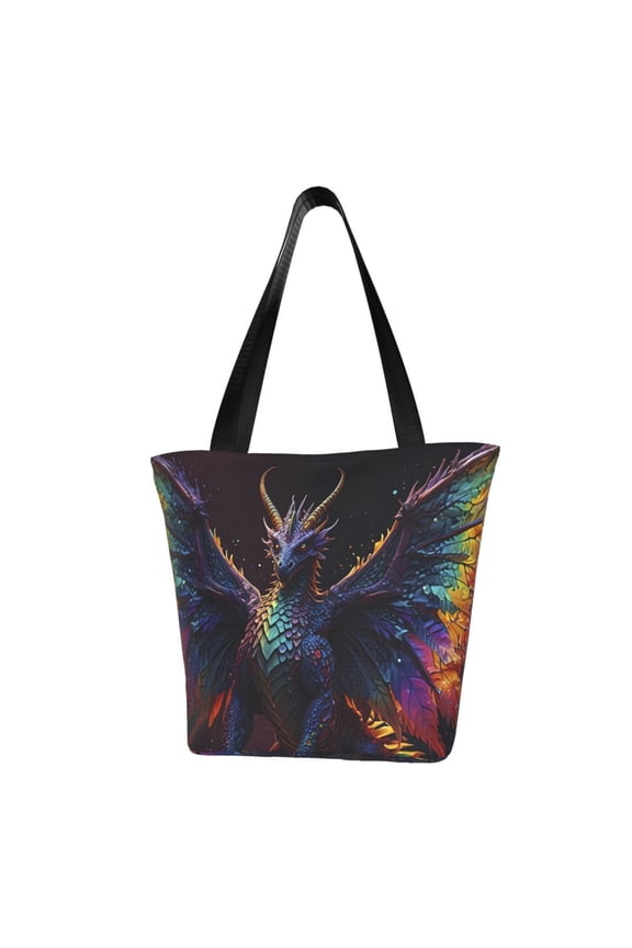 Rainbow Wings Majestic Dragon Print Tote Bag for Women,Shoulder Bag with Zipper Casual Tote's Handbag Big Capacity Shoulder Bag with Inner Pocket Fit for Shopping,Office,Travel