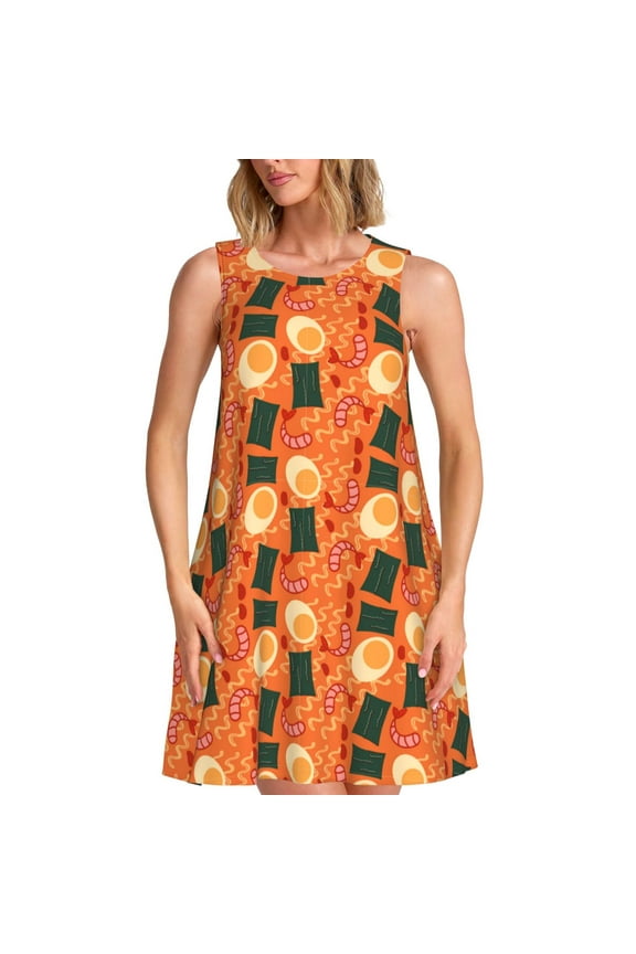Ramen Noodle Soup Pattern Women's Summer Dresses 2025 Beach Casual Sleeveless Tank Loose Sundress Beach Vacation Clothes with Pocket -X-Large