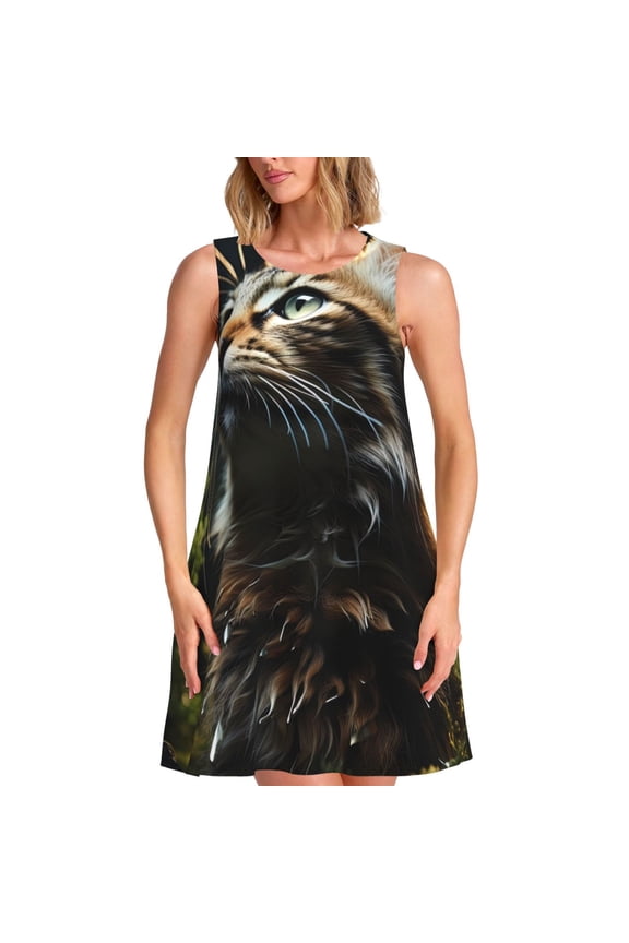 Realistic Style Cute Cat Pattern Women's Summer Dresses 2025 Beach Casual Sleeveless Tank Loose Sundress Beach Vacation Clothes with Pocket -3X-Large