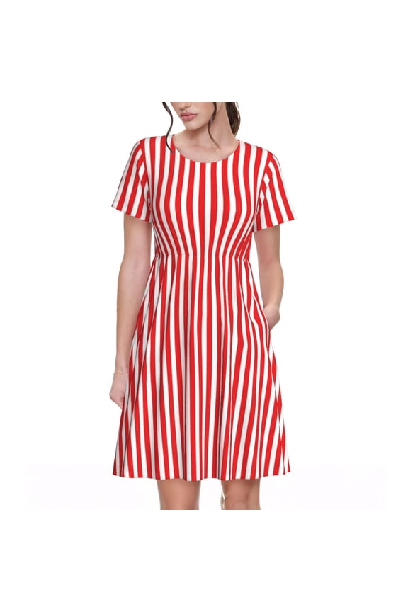 Red And White Stripes Pattern Womens Summer Dresses Short Sleeve Sundress 2025 Beach Vacation Dresses with Pockets -Medium