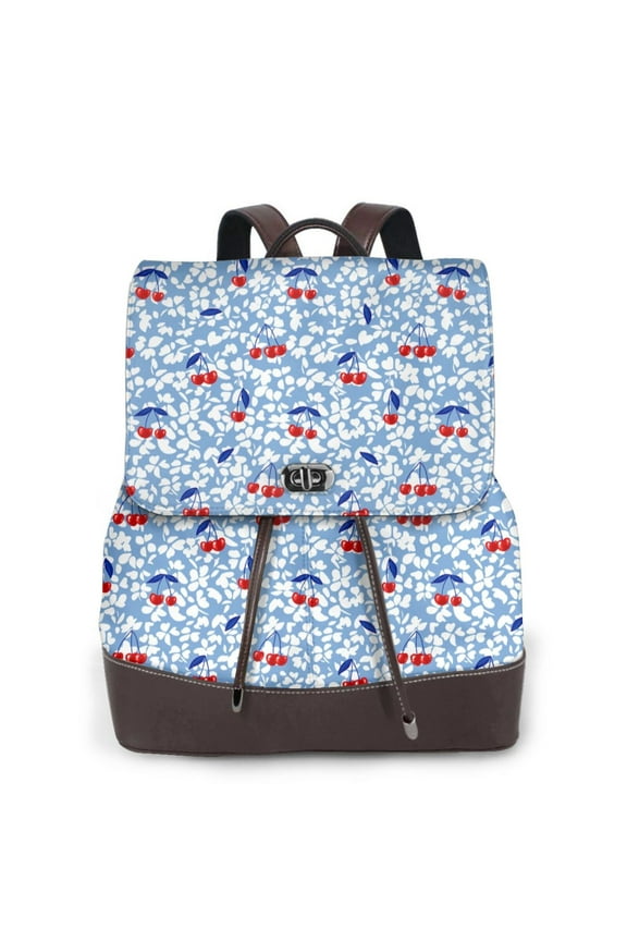 Red Cherries Print PU Leather Backpack,Backpack Purse for Women Fashion Multipurpose Design Handbag Ladies Bags Travel Backpack
