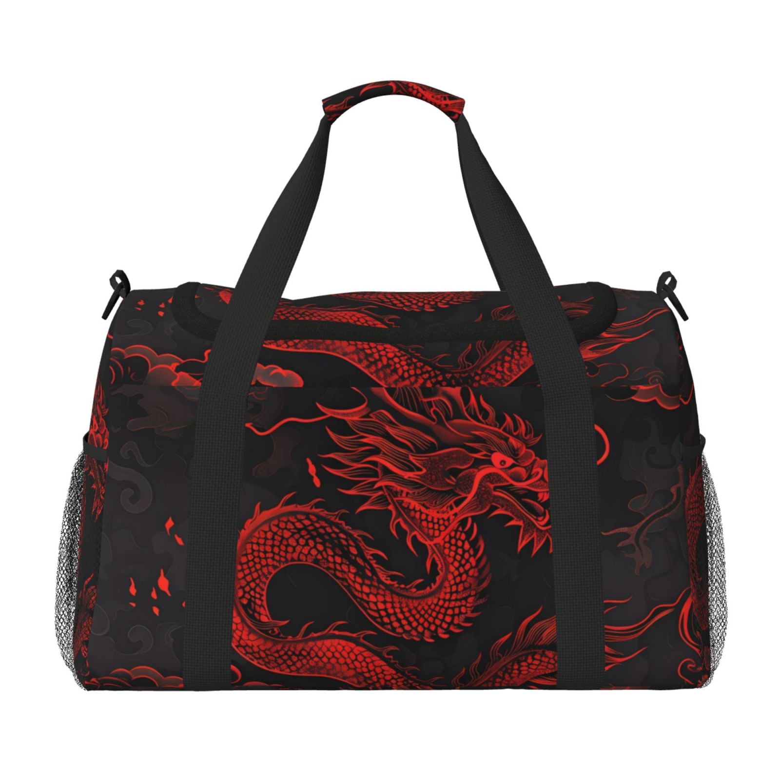 Defioc Red Dragon On Black Print Hand Travel Bag - Foldable Travel Duffel Bags for Men Women -Sport Gym Bag - Overnight Travel Duffel Bag - Adjustable Shoulder Strap