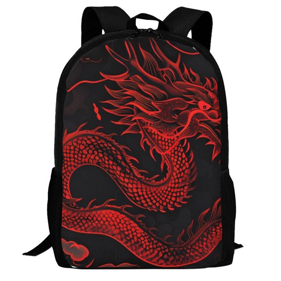 Defioc Red Dragon On Black Pattern Carry on Backpack,16.5x12.5x5.5 Personal Item Bag Carry On Backpack Water Resistant Lightweight Daypack