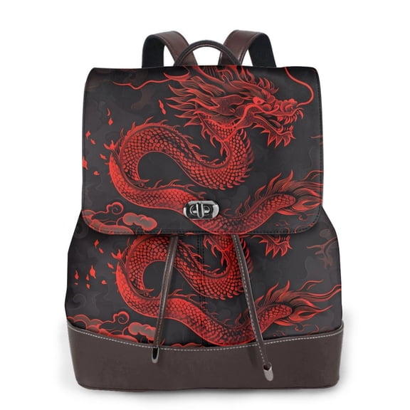 Defioc Red Dragon On Black Print PU Leather Backpack,Backpack Purse for Women Fashion Multipurpose Design Handbag Ladies Bags Travel Backpack