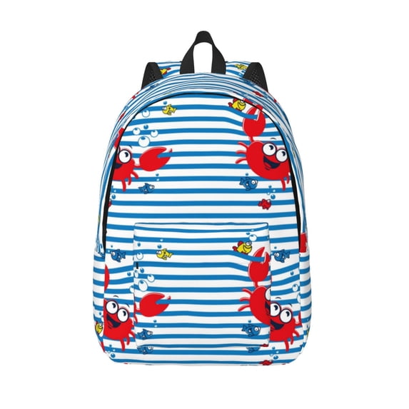 Defioc Red Funny Crab on Blue Stripe for Canvas Backpack,Travel Rucksack Unisex Knapsack Laptop Backpack for Work & College -Medium