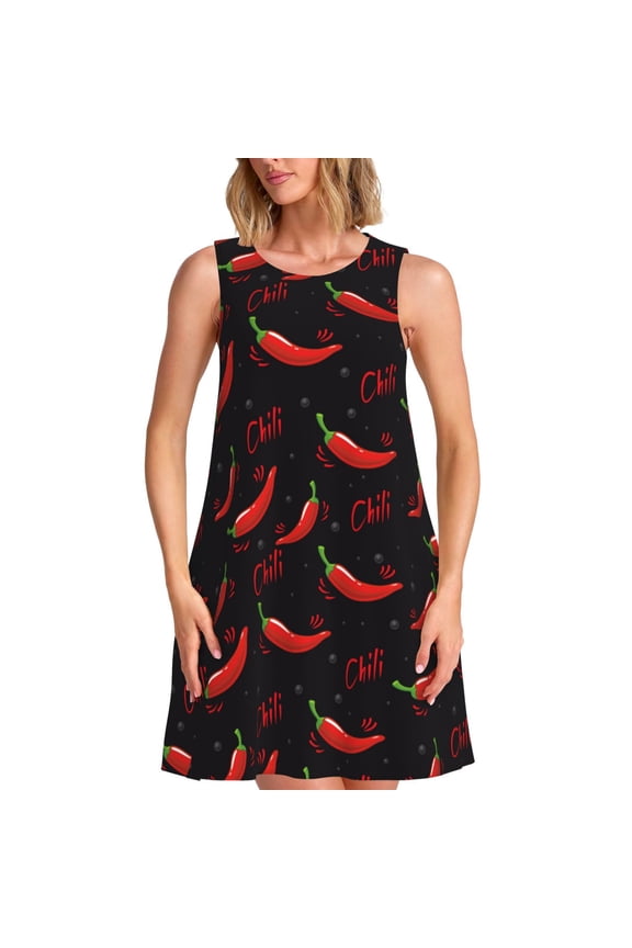 Red Hot Chili Pattern Women's Summer Dresses 2025 Beach Casual Sleeveless Tank Loose Sundress Beach Vacation Clothes with Pocket -Large
