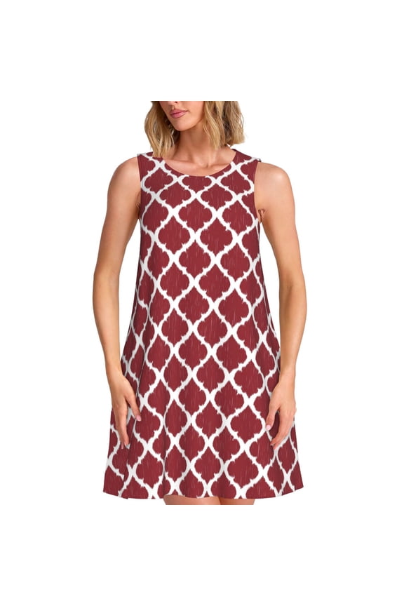 Red Moroccan Pattern Women's Summer Dresses 2025 Beach Casual Sleeveless Tank Loose Sundress Beach Vacation Clothes with Pocket -XX-Large