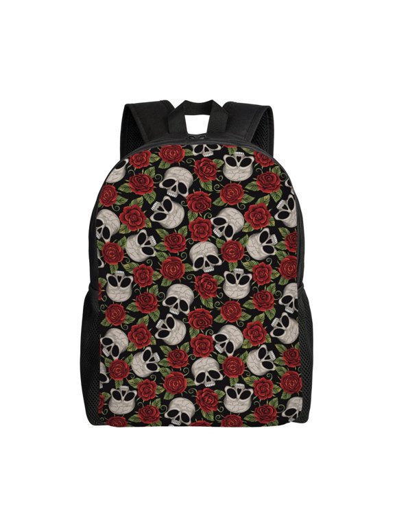 Red Rose Skull Print Backpack -Travel,or Work Bookbag Daypacks with 15-Inch Laptop Sleeve and Dual Water Bottle Pockets
